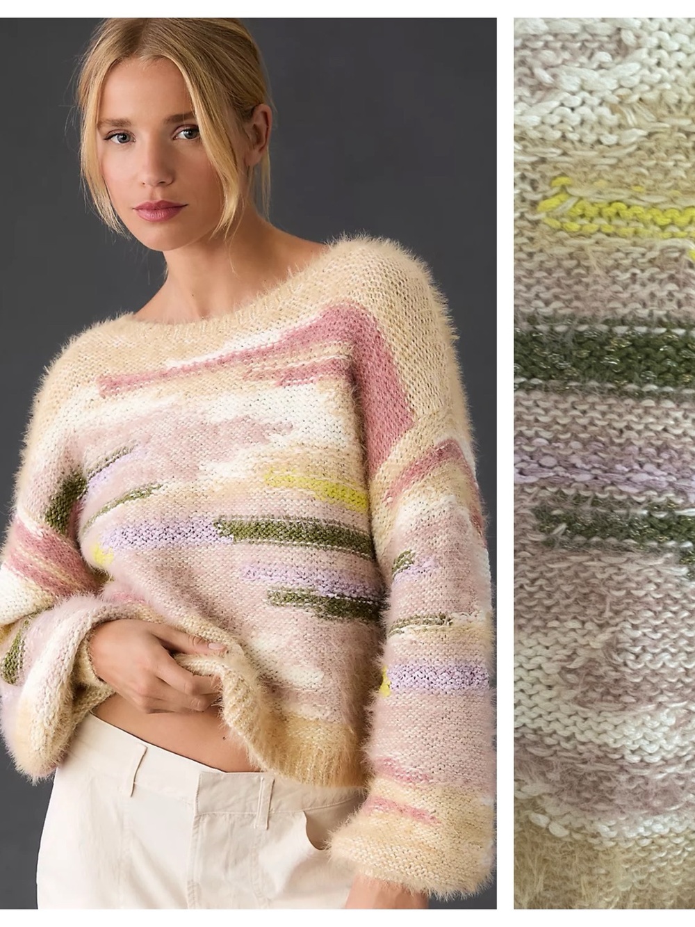 Anthropologie Pilcro Boat Neck Cropped Fuzzy Sweater Tan Yellow Pink Green Small